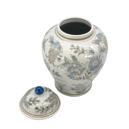 White & Blue Floral Chinoiserie Ceramic Jar - 12"