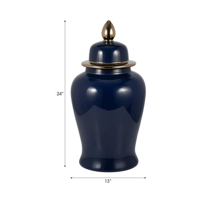 24" Ceramic Temple Jar - Navy & Gold