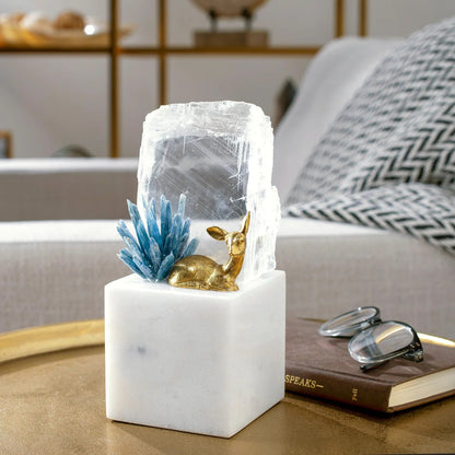 Brass Deer on Marble Base w/ Selenite & Kyanite