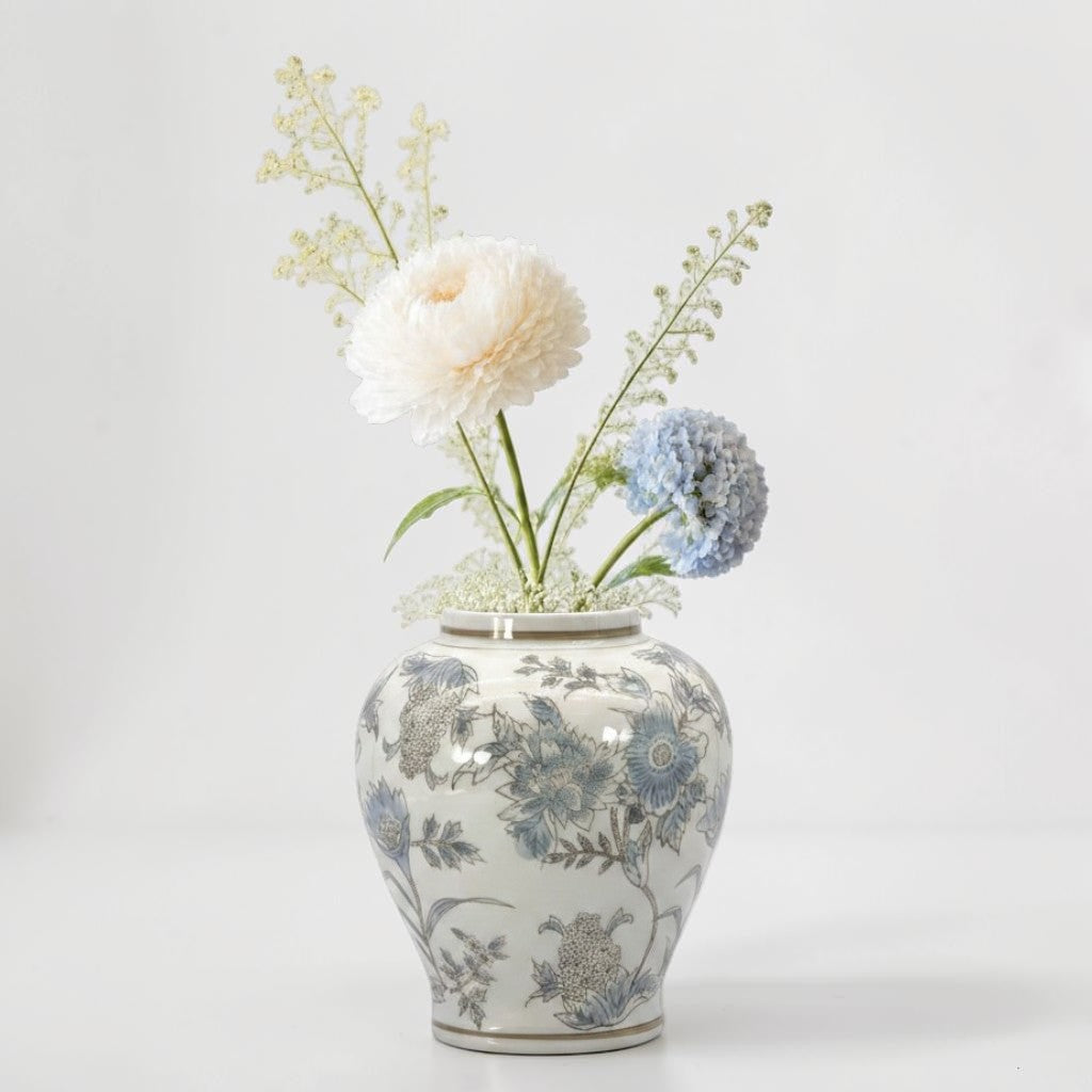 White & Blue Floral Chinoiserie Ceramic Vase