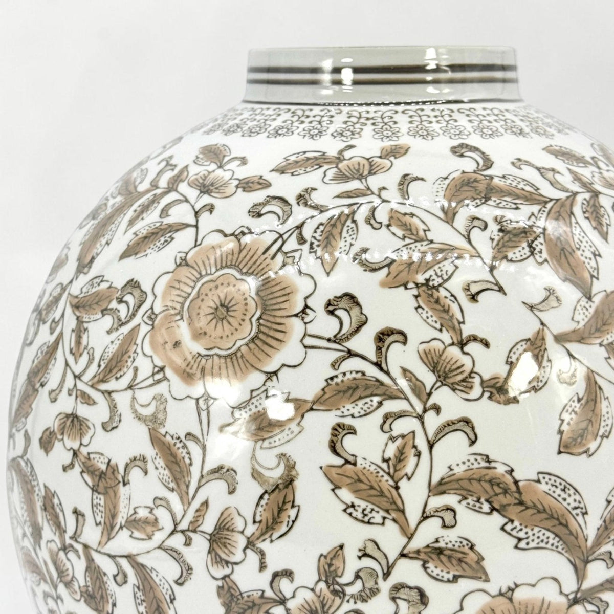 Brown Floral Chinoiserie Ceramic Globe Vase
