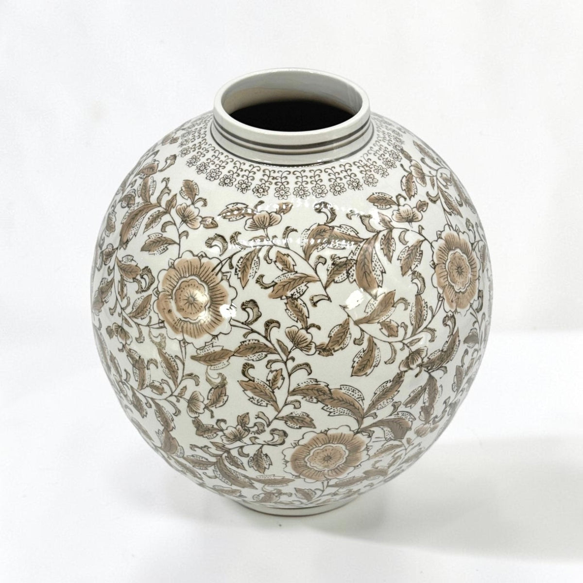 Brown Floral Chinoiserie Ceramic Globe Vase